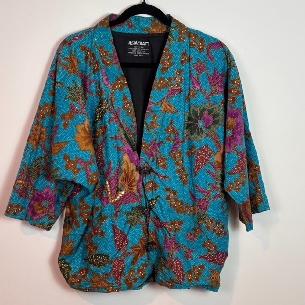 Handmade AsiaCraft Womens Blue Floral Kimono Jacket Boho Hippie One Size Cotton